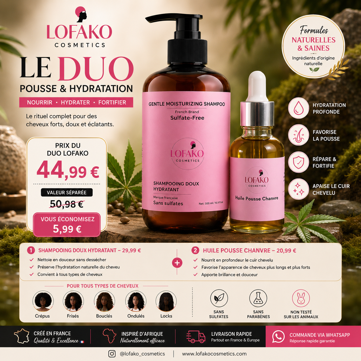 Duo Pousse & Hydratation — Shampooing Doux + Huile Pousse Chanvre