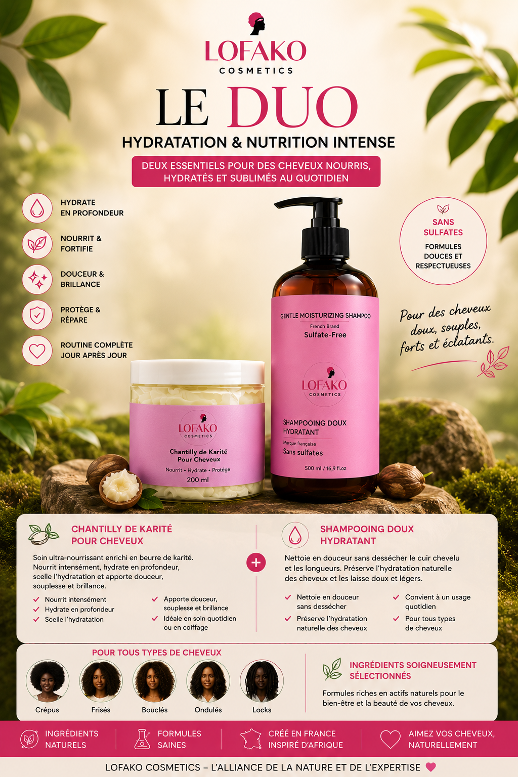 Duo Hydratation & Nutrition Intense

Shampooing Doux Hydratant 500 ml + Chantilly de Karité pour Cheveux 200 ml